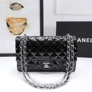 CHANEL Black Quilted Patent Leather Shoulder Bag with Silver Chain